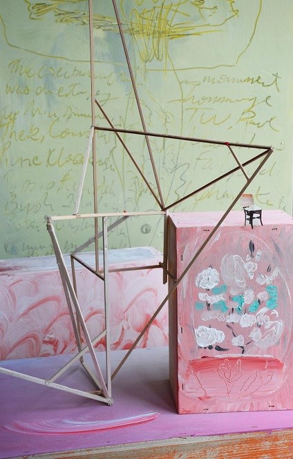 Sam Samiee, Untitled, 2018, acrylic on wood, paper, balsa wood, glue.