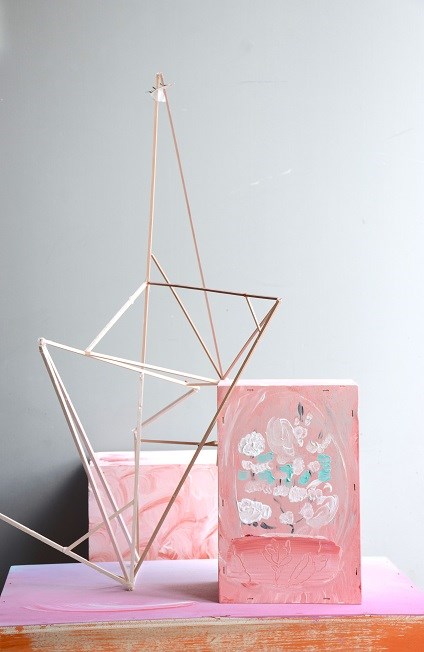 Sam Samiee, Untitled, 2018, acrylic on wood, paper, balsa wood, glue.