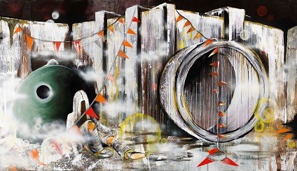 Hello Crossfader, Joachim Nieuwhof, 400x234, acryl, olie- en spuitverf op doek