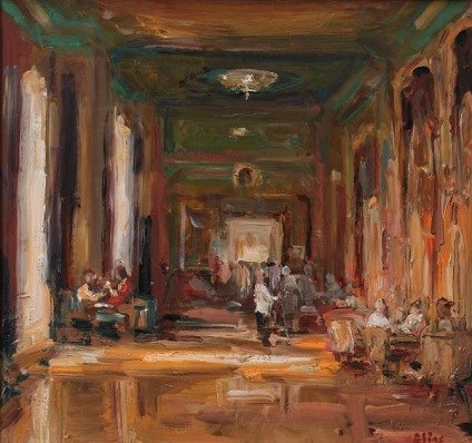 Douwe Elias, 'Interieur' 31x33 cm. olieverf op doek