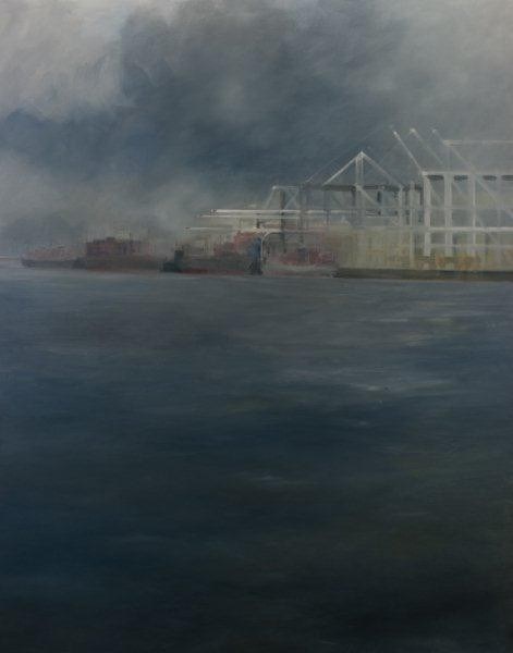 'Container Terminal', mixed media op linnen, Jef van Campen